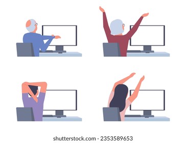 Set of people sits at table computer stretching, doing exercise back view. Elderly senior, man, woman practicing workout at workplace in break. Removing tension muscle for rest relaxation. Vector
