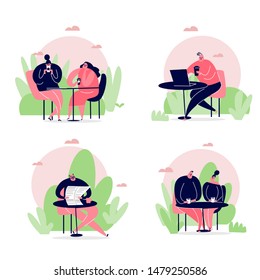 Set of people, sitting in the cafe and drinking coffee. Vector illustration