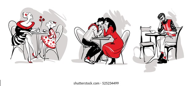 A set of people sitting in a cafe, lovers, mother and daughter, the man writes.  Linear black, white, red freehand drawing