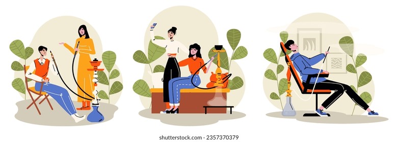 Set of people sitting in lounge zone and smoking. Lady and man talking. Hookah lounge club. Concept of tobacco smoking. Flat vector illustration in cartoon style