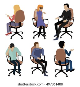 Set of people sitting on chair. Man and woman at work. Different pose and gestures. Endless work seven days a week. Working moments. Part of series of work at the office. Vector illustration