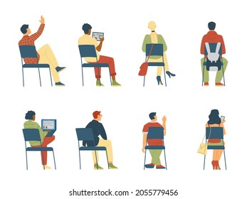 Set of people sitting on chairs with their backs, female and male characters in casual clothes in flat vector illustration isolated. Business training, presentation, lecture, refresher courses.