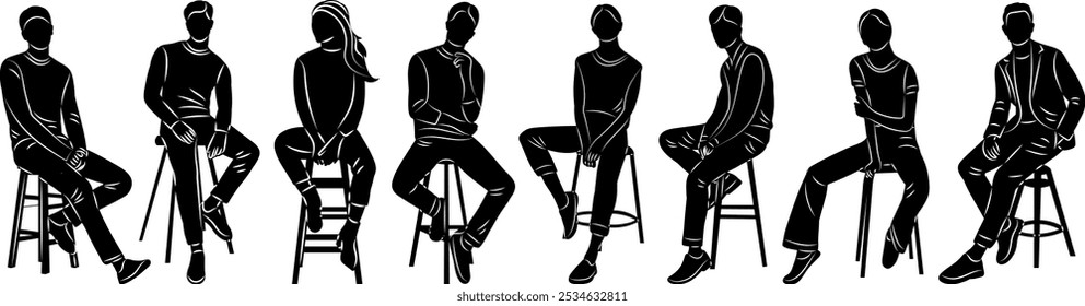 set of people sitting on chairs silhouette, vector