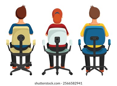 Set of people sitting on computer chair back view vector illustration
