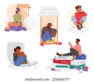 Set of People Sitting On Medical Tablets. Concept Of Medication Illness and Disorder Treating, Antidepressants. Depressed Characters Sitting On Big Medicine Pills Heap. Cartoon Vector Illustration