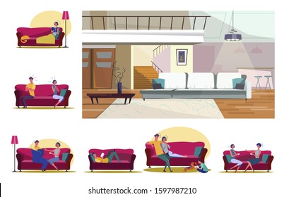 Set of people sitting on sofas in various positions. Flat vector illustrations of family playing, resting, reading. Leisure and home recreation concept for banner, website design or landing web page