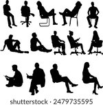 Set of people sitting silhouette illustration. Person pose while sit down
