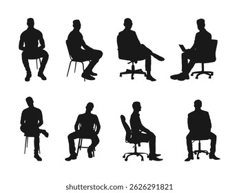 A set of people sitting in silhouette illustration. People sitting silhouette illustration. A person poses while sitting down.