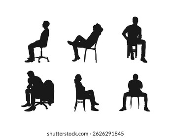A set of people sitting in silhouette illustration. People sitting silhouette illustration. A person poses while sitting down.