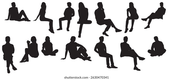 set of people sitting silhouettes isolated on transparent background
