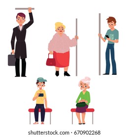 Set of people sitting and standing in subway train, cartoon vector illustration isolated on white background. Full length portrait of people, men and women, sitting and standing in subway, underground