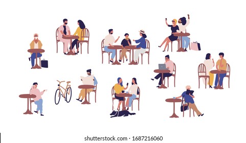 Set of people sitting at table in street cafe vector flat illustration. Collection of cartoon couple, family, child, man and woman resting at cafeteria isolated on white. Person relaxing together