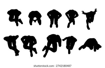 set of people sitting top view in city silhouette for architectural. men, women talking, relaxing, using phone. black shadow plan vector illustration.