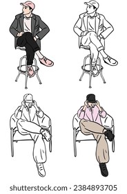 grupo de personas. sentado. Fondo blanco. Color dibujado a mano Ilustración.