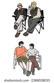 set of people. sitting. White Background. Hand drawn color Illustration.