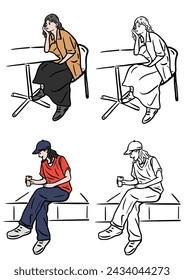 set of people. sitting. White Background. Hand drawn color Illustration.