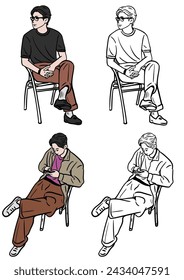 Conjunto de personas sentadas, fondo blanco. Estilo de vida de los jóvenes Dibujado a mano color Ilustración 