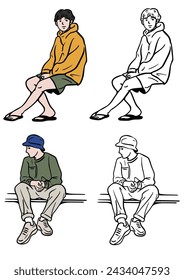 Set of people sitting, white background.Young people lifestyle Hand drawn color Illustration 