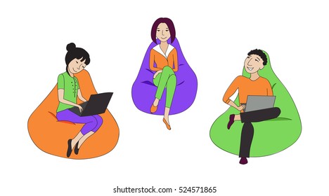 Set Of People Sitting And Working In A Bean Bag Chair