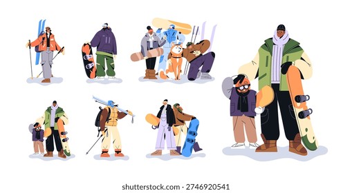 Set of people with ski equipment. Groups of skiers in clothes for winter sports. Men, women and kids are in snow resort with snowboards. Flat isolated vector illustrations on white background