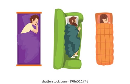 Set of People Sleeping in Beds, Top View of Men and Woman Slumbering at Night Cartoon Vector Illustration