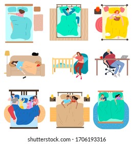 Conjunto de personas durmiendo en diferentes poses y lugares ilustraciones vectoriales
