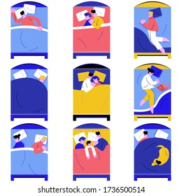 Conjunto de personas durmiendo en diferentes poses juntas en la ilustración del vector de cama