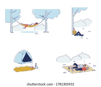 Set of people sleeping outdoors. Men and women relaxing while picnic in park or hiking travel. Camping and adventure summertime journey concept. Linear vector illustration