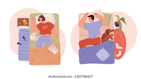 Set of people sleeping with pets together top view flat style, vector illustration isolated on white background. Happy characters, comfortable postures, design elements