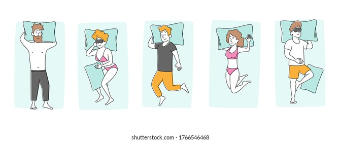 Set Of People Sleeping Poses. Young Male And Female Character Sleeping On Comfy Bed Top View. Naked Men Women Hug Blanket, Wear Pajama Sleep On Back With Hands Under Head. Linear Vector Illustration