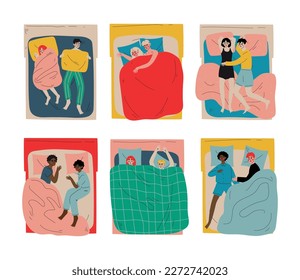 Set of people sleeping and resting in beds under blankets. View from above of asleep couples cartoon vector illustration
