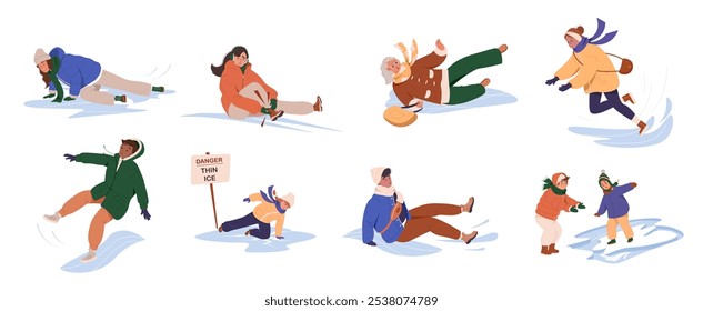 Conjunto de personas que se deslizan sobre un hielo, chocando contra la superficie fría y dura, conduce a hematomas, contusiones y fracturas. Camino de invierno resbaladizo. Vector ilustración plana de dibujos animados aislados sobre fondo blanco.