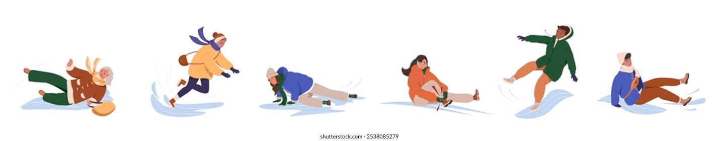 Set of people slipping on an ice, crashing into the cold, hard surface, leads to bruises, contusions and fractures. Slippery winter road. Vector flat cartoon illustration isolated on white background.