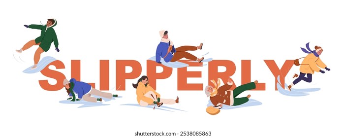 Conjunto de personas que se deslizan sobre un hielo, chocando contra la superficie fría y dura, conduce a hematomas, contusiones y fracturas. Camino de invierno resbaladizo. Vector ilustración plana de dibujos animados aislados sobre fondo blanco.