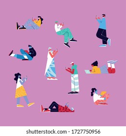 set of people with smartphone and laptop, social media vector illustration design