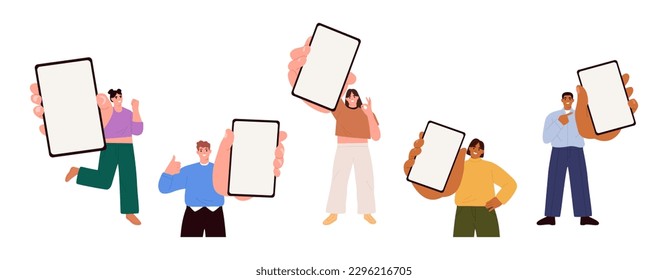 Conjunto de personas con smartphones, publicidad de pantalla vacía para teléfono móvil, aplicación móvil. Ilustración vectorial plana aislada en fondo blanco
