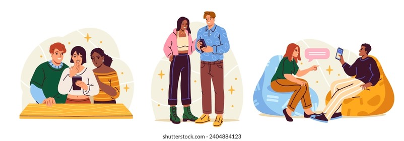 Set of people with smartphones. Group of friends watch video on phone, share news and point to screen. Happy men and women use devices. Cartoon flat vector collection isolated on white background