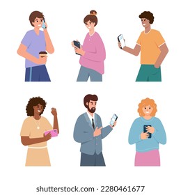 Set of People with smartphones. Young smiling men and women holding phone for communication, chatting, read news and write messages in social media app. Vector illustration.
