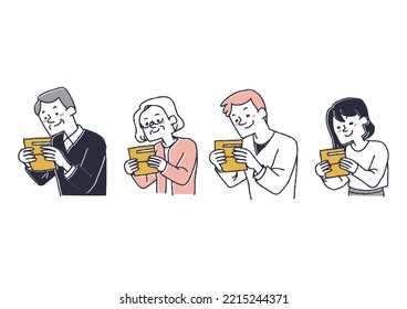 A set of people smiling at the savings accumulated in their passbooks