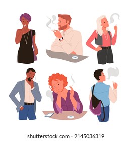 Set of people smoking cigarettes. Bad lifestyle routine habit. tobacco addiction and cigaret dependence, unhealthy drug using, burning and inhaling smoke cartoon vector illustration