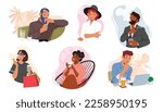 Set People Smoking Cigarettes, Inhaling Smoke with Relaxed Expressions. Male Female Characters with Unhealthy Habit Enjoying Smoking while Drink Coffee, Work on Pc. Cartoon People Vector Illustration