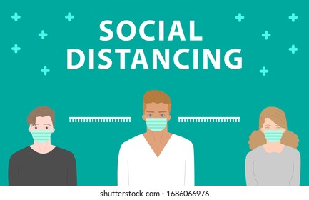 Set people social distancing flat vector illustration.characters  use medical mask on background.covid 19