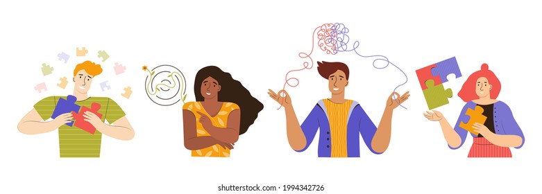 Set of people solve different problems and gain mental health and balance. Concept of creation of yourself, emotionally state, self-love, decision making, taking care of yourself. Vector illustration