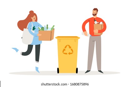 Set of people sorting the garbage. Happy man and woman characters who care about the environment and put rubbish in trash bins, dumpsters or containers for recycling and reuse. Zero waste concept 