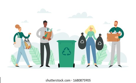 Set of people sorting the garbage. Happy men and women characters who care about the environment and put rubbish in trash bins, dumpsters or containers for recycling and reuse. Zero waste concept 