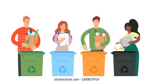 Set of people sorting the garbage. Happy men and women characters who care about the environment and put rubbish in trash bins, dumpsters or containers for recycling and reuse. Zero waste concept 