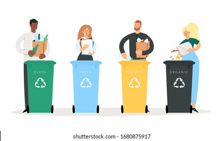 Set of people sorting the garbage. Happy men and women characters who care about the environment and put rubbish in trash bins, dumpsters or containers for recycling and reuse. Zero waste concept 