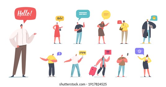 Set of People with Speak Banners. Male and Female Characters with Different Speech Bubbles or Clouds Hola, Looser and Red Heart with Clocks Isolated on White Background. Cartoon Vector Illustration