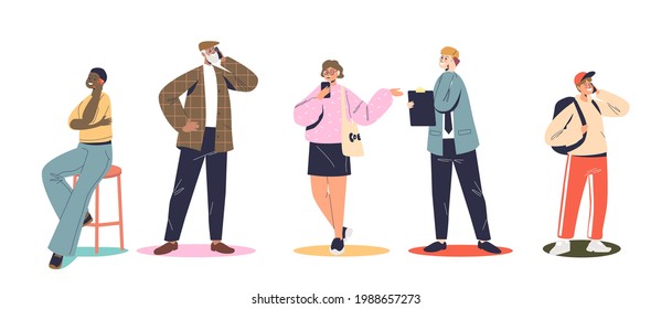 Set Of People Speaking On Smartphone, Different Cartoon Characters Use Mobile Phones Call And Communicating With Cellphones, Having Conversation On Cellulars. Flat Vector Illustration