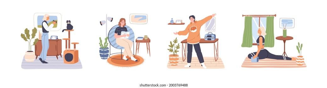 Set of people spend free time indoors with hobbies and leisure activities. Happy characters taking photo, reading, listening to music and exercising at home. Flat vector illustration isolated on white